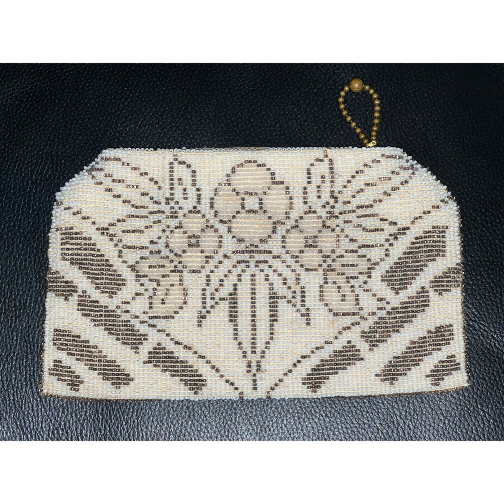 Czechoslovakia Cream Silver Beaded Evening Clutch Geometric Floral